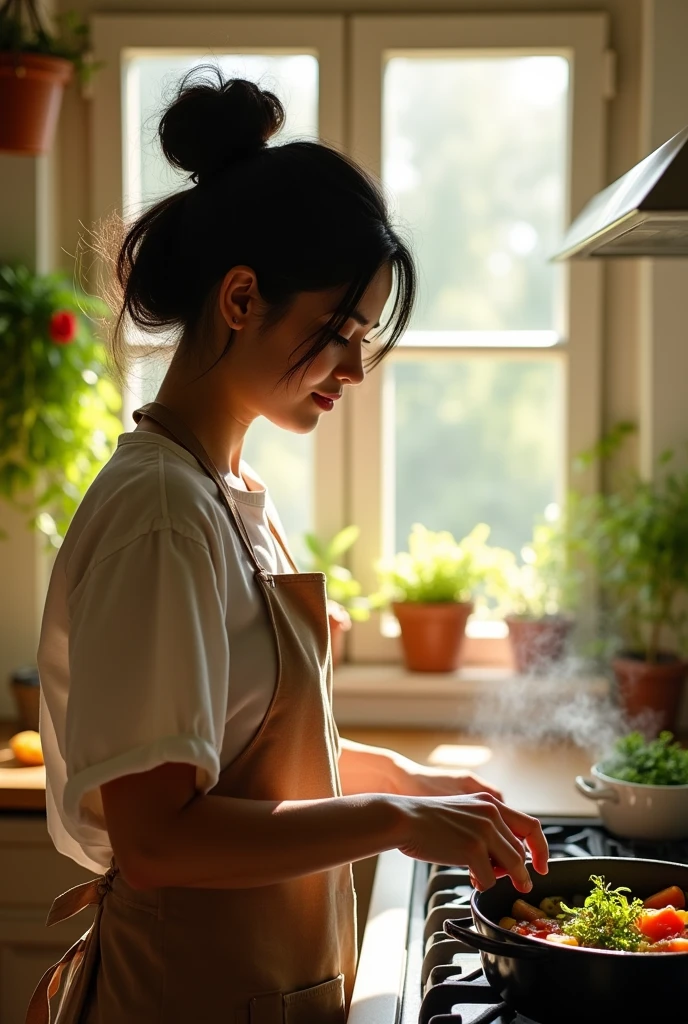 Woman with black hair, cooking in profile 