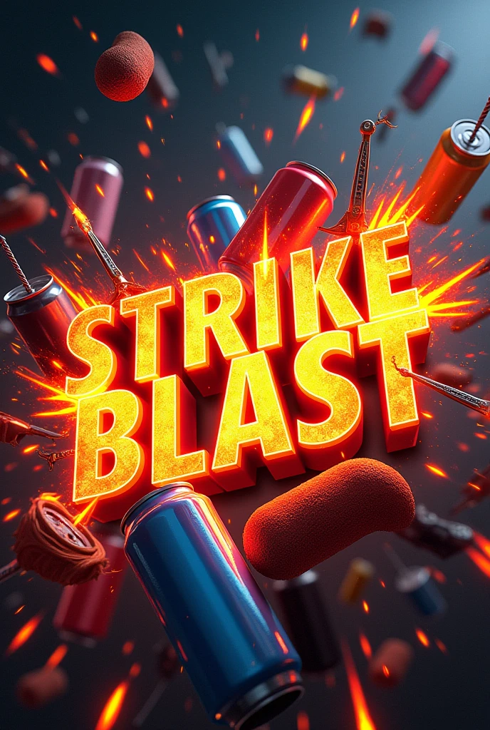 Create an image with a minimum image size of 1280x700px that has StrikeBlast written on it with a background of fire flames and swords, soft drinks and video games