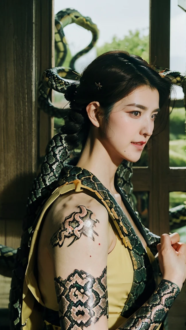 (masterpiece), best quality, expressive eyes, perfect face, Matured, Sharp eyes, HD, Benisato, kunoichi, snakes tattooed, chin, She is a tall and matured woman with a slender curvaceous build with long legs and arms, Although a ninja herself, Benisato has the appearance of a beautiful and seductive geisha, She has porcelain skin and long dark hair tied back in a coif with a hairpin and traditional comb, Benisato is covered in serpent tattoos that come alive when she uses her powers and will usually appear naked during a battle to throw off her male victims, She wears yellow traditional Japanese geisha robes, full body, pants, long sleeves, Vest, sandals, kimono, Hongli, snakes supranaturalsupranatural, smile face