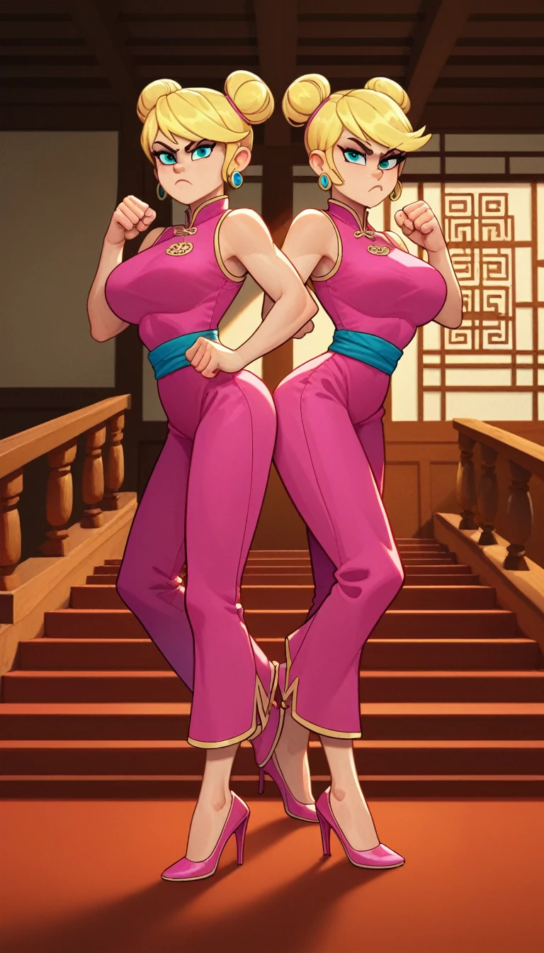 lola loud, 2girls, duo, 24yo girl, large breasts, pink cheongsam, inside of a chinese temple, looking at viewer, blonde hair, two hair buns , hands score_9, score_8_up, score_7_up, high heels, teep fighting stance,martial arts, stairs behind her, guarding the stairs, they wear the same outfit, they are twins