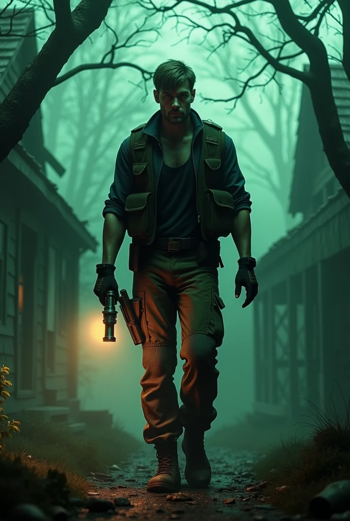 A realistic, highly detailed horror scene set in a distant, cursed village enveloped in a greenish, dark atmosphere. The lighting is dim, casting eerie shadows that enhance the horror ambience. In the center of the image, there is special agent Leon Scott Kennedy, depicted in his true, authentic outfit—a black tactical vest over a dark shirt, fingerless gloves, cargo pants, and combat boots. His expression is focused, with a look of determination and caution. He is holding a flashlight in one hand and a gun in the other, ready for any threat. Behind him, in the background, there are twisted, ancient trees with gnarled branches and decrepit, old wooden houses with broken windows and collapsing roofs. The village is shrouded in an unsettling mist, and the details of the environment suggest a place of forgotten horrors, with subtle hints of decay and abandonment