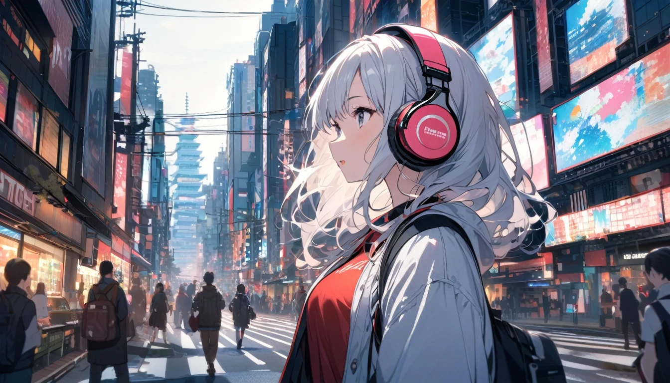 White-haired woman with headphones looking at the city of Tokyo,Streetscape、listen to music、Japanese