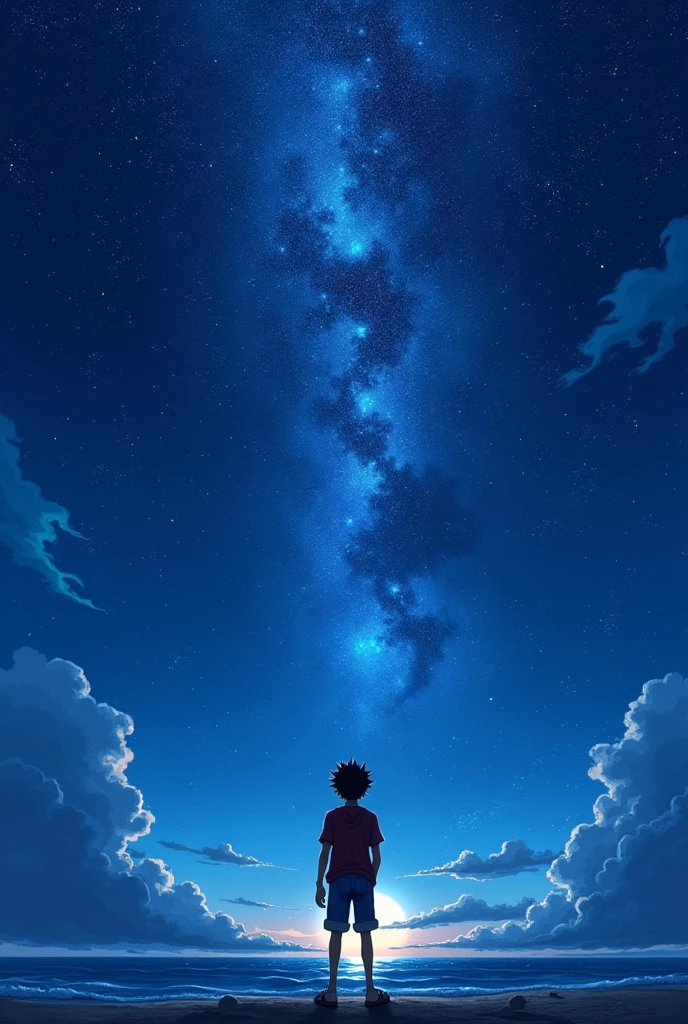 Monkey D. Luffy regardant le ciel étoilé avec Portgas D. Ace transparent dans le ciel