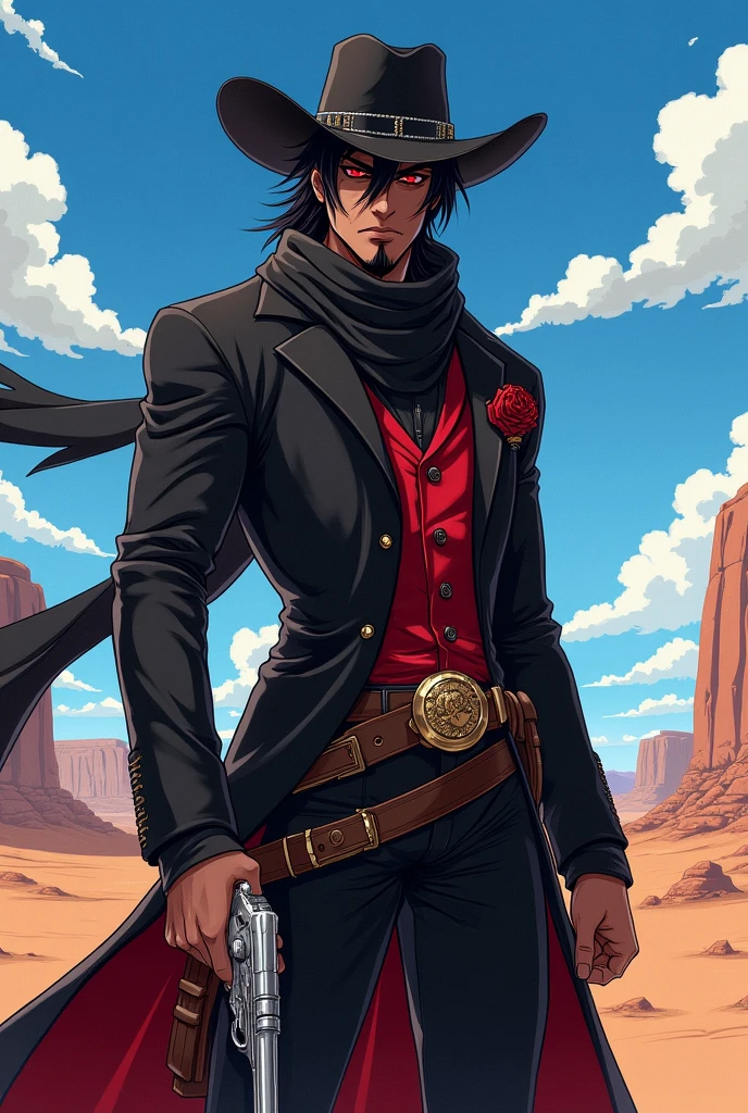 An anime character:
a man with dark skin, black hair and red eyes also with a short beard.
He wears a black cowboy outfit with red details., including a hat and a long black scarf while holding a colt.
Ao fundo, a desert of the old Wild West.