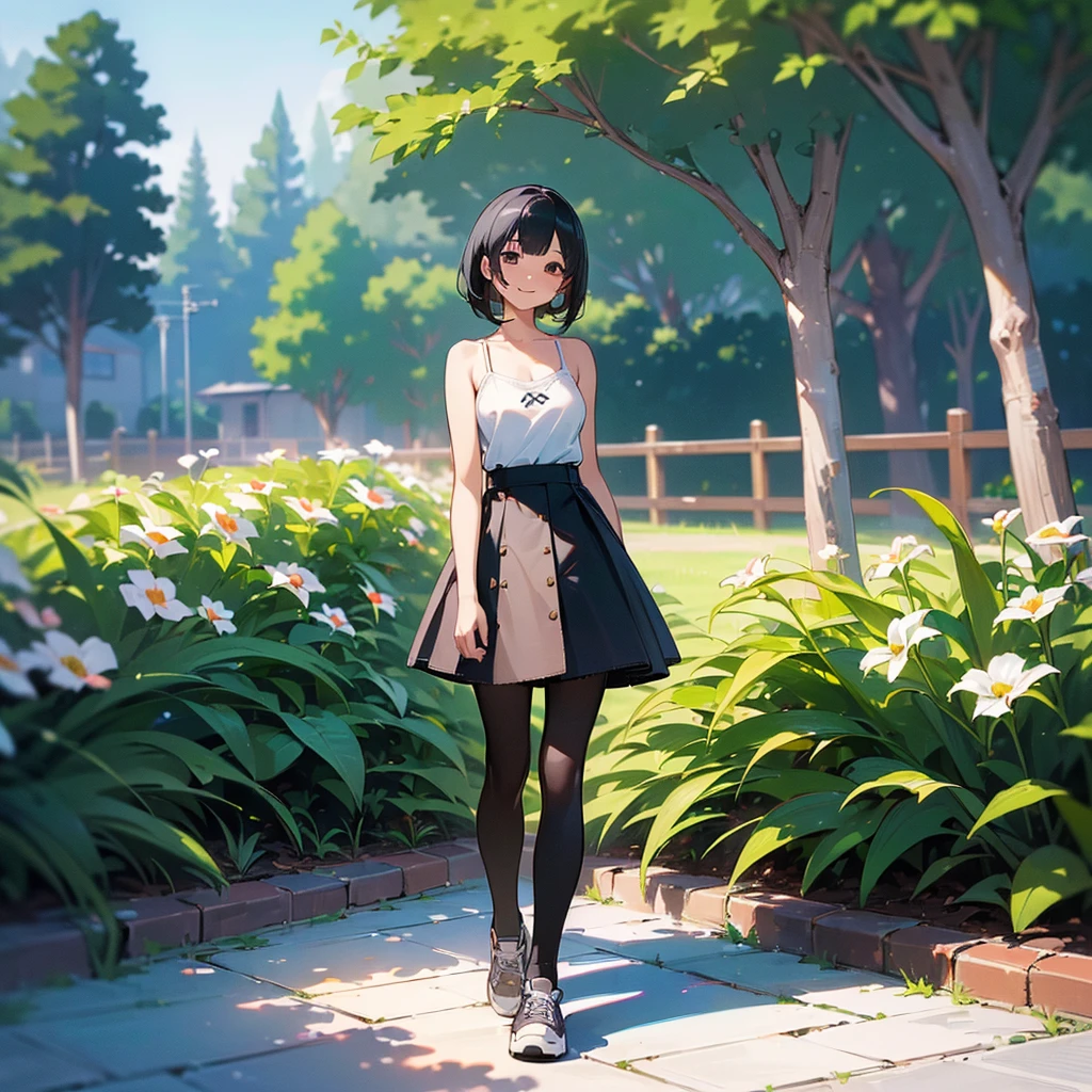 (high quality, High resolution, Very detailed, reality:1.37), Peaceful atmosphere, (Outdoor, garden), Teenage girl standing alone, (my breasts are big.), Beautiful details, Cute Smile, (Black bob hair), camisole, Denim skirt, Black tights, sneakers.