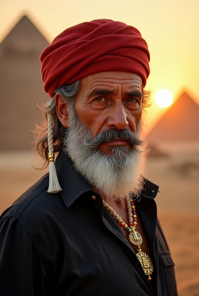 An avatar of a fake handsome sheikh character resembling our effendi in his fifties from ancient Egypt, wearing a red fez with a white thread hanging from it, a very thick white mustache and beard, wearing a black shirt, a picture from the chest area