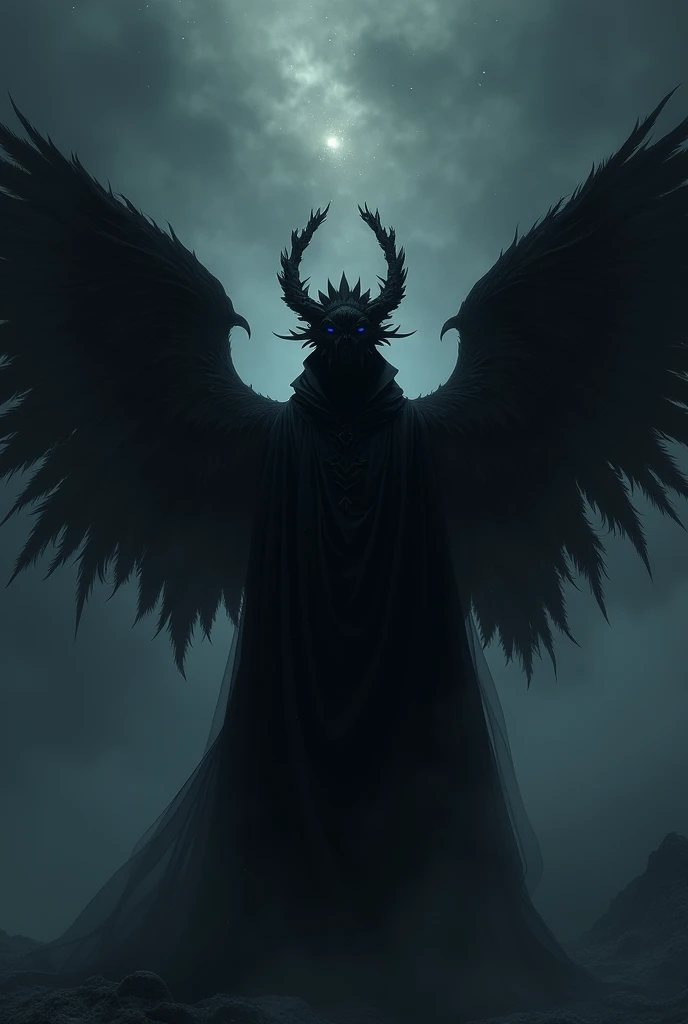 Male angel wearing black winged anime mask, sad in the darkness