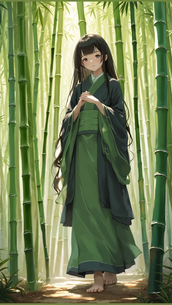 Anime Style、(((bamboo forest:1.5、緑豊かなbamboo forest、Sunlight filtering through the trees、silence))),(Highest quality:1.2),ultra-light clay, woman, womanの身体,Long Hair, Gentle expression, close your eyes, barefoot, clay, Pottery, Thin fabric, Confused, dirty, mineral pigments, 3D clay sculpture art, clay sculpture, Rough surface, (slope,slope background,Jet black background,alone,Are standing), Highest quality、Very detailed、High quality details、8k、(((bamboo forest:1.5、緑豊かなbamboo forest、Sunlight filtering through the trees、silence)))