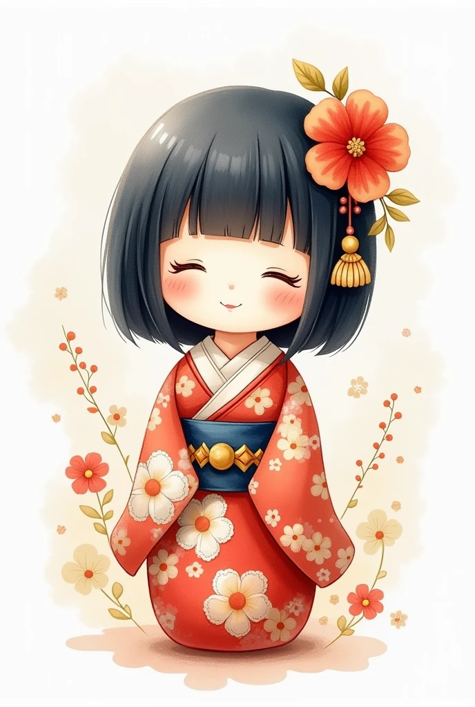 Smiling kokeshi doll, water color painting, anime lines on ice white background