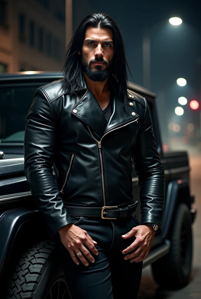 I would like you to create the image,in the realistic line, of a man of 1.97 in height, 117kg, brawny, black hair,straight and medium to shoulder length, black goatee on chin, protruding cheekbones, almost white blue eyes, with black pupils, standing next to a black SUV and biker clothes, in black leather, the night.