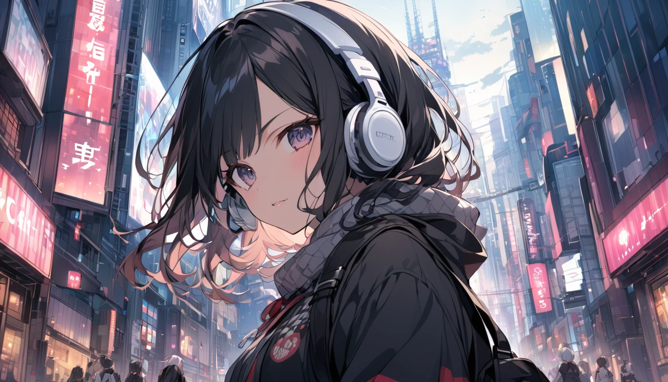 Black haired woman with headphones looking at the city of Tokyo,Streetscape、listen to music、Japanese