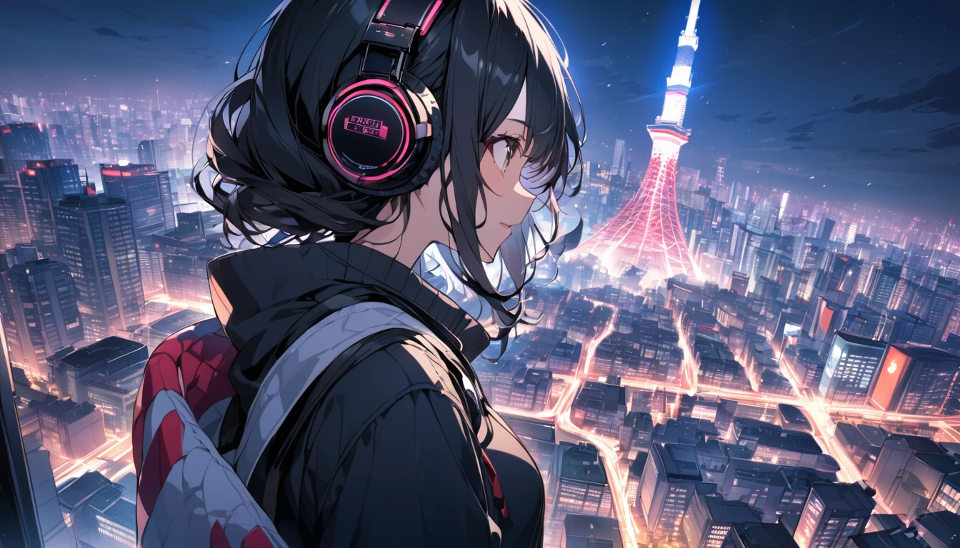 Black haired woman with headphones looking at the city of Tokyo,Streetscape、listen to music、Japanese