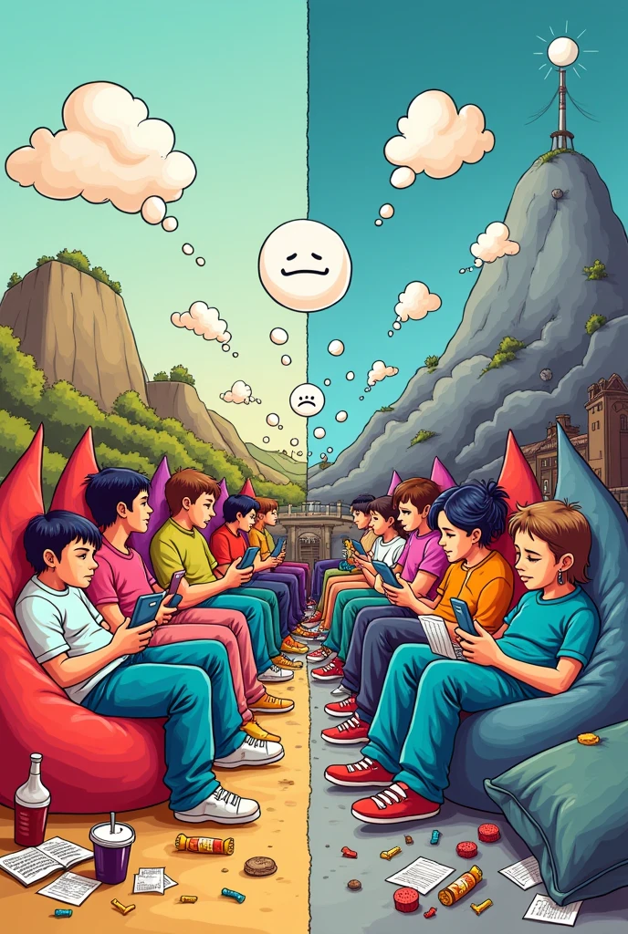 make me a photo of a cartoon illustration of people who are apathetic and people who are struggling
