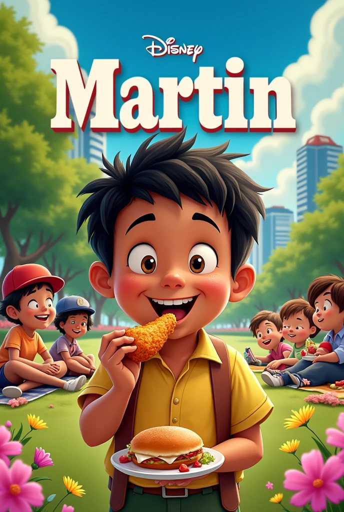 A Disney movie cover with the title: Martin, with a chubby, light brown skinned guy with straight black hair eating a fried chicken wing