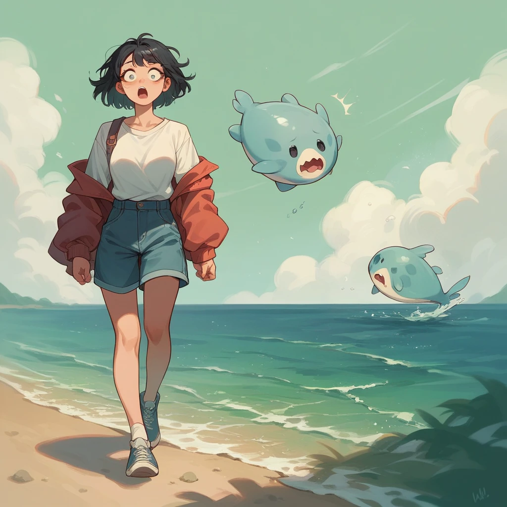 you stumble upon a sea creature that is turning into a female, she is walking up from the ocean. she has black hair and looks shocked seeing you.