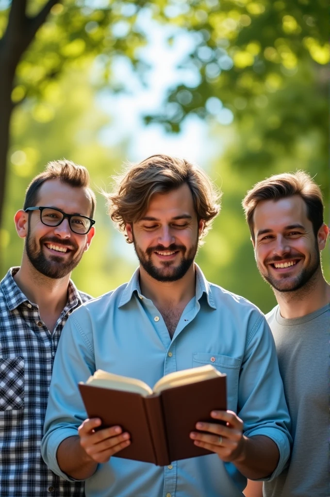 The image depicts three men standing outdoors, with one man holding a book and the other two standing behind him.