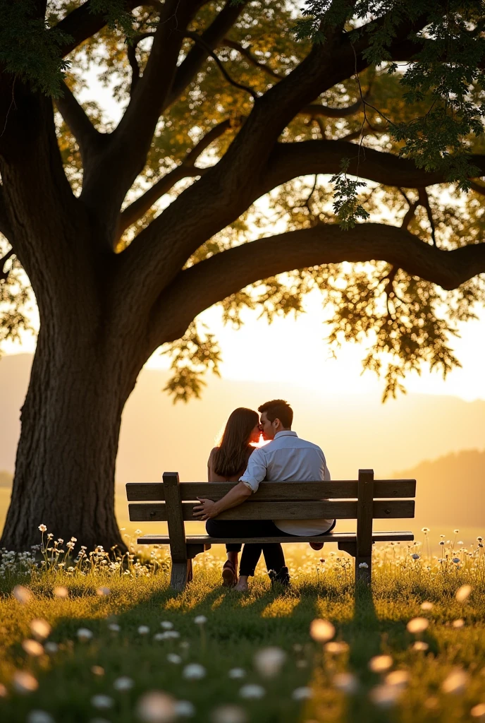 Image of two rustic wooden benches, a man and a woman hugging under a tree in a field.