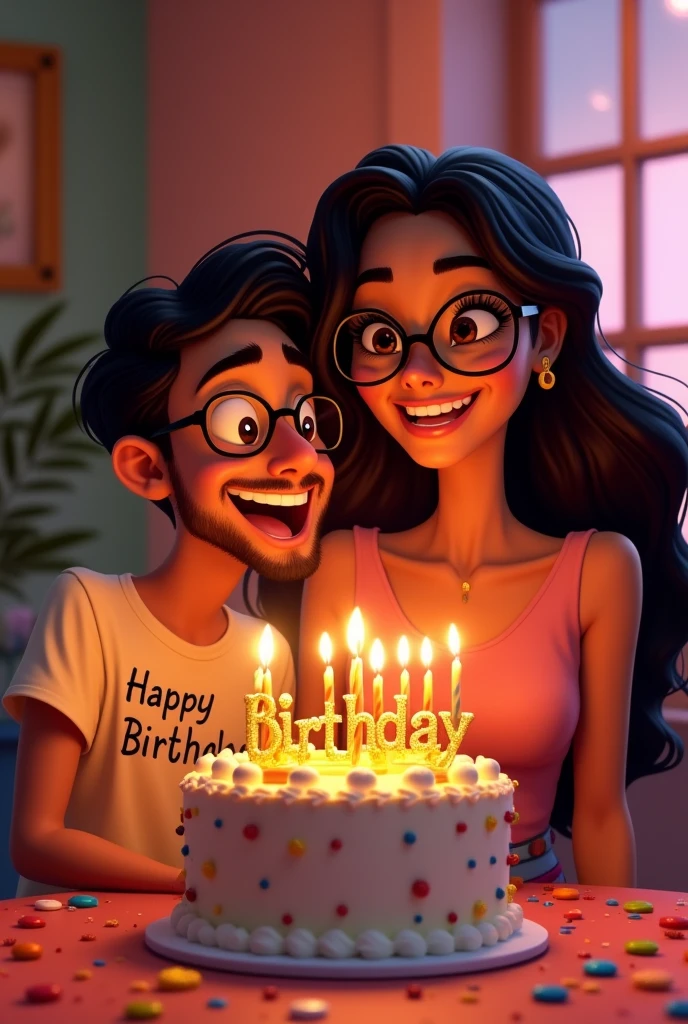 An abstract animation with a birthday cake , On top of the cake in different letters " Happy birthday Marcia Monteiro" Following the date 30\08. The cake is in a lit room. With a birthday girl with the name Márcia written on her blouse, a half-breed, with long dark hair and glasses on his face, and your boyfriend around the cake.
A more beautiful animation and on top of the cake " Happy birthday Marcia Monteiro" with gold letters. 
A man and a woman who is the birthday girl 

