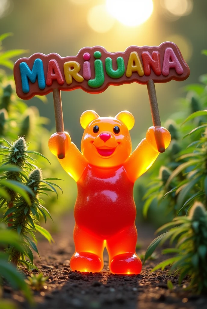 Gummie bear holding a sign with the letters "marijuana" Realism