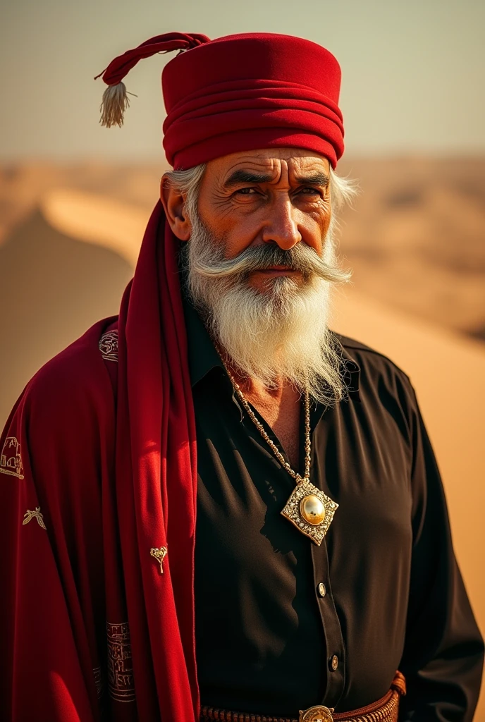 An avatar of a fake handsome sheikh character resembling our effendi in his fifties from ancient Egypt, wearing a red fez with a white thread hanging from it, a very thick white mustache and beard, wearing a black shirt, a picture from the chest area