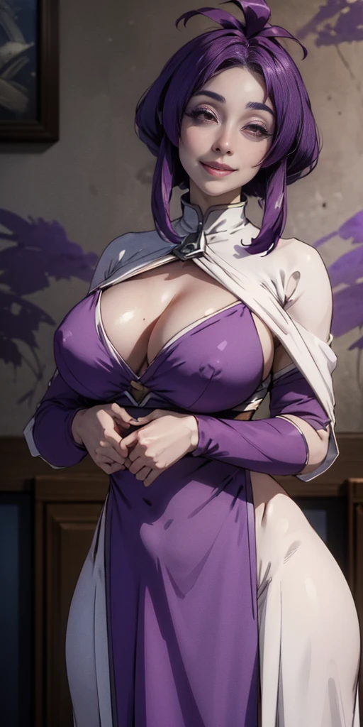 (chest covered)(smile)white skin, purple hair and red eyes. They prefer clothing of white and silver with cloaks of deep blue or purple, bedroom background, huge_knockers, ((very precise detailed)), ((highres)