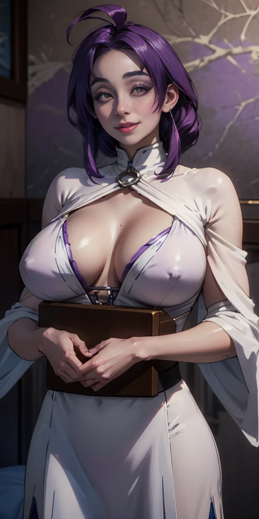 (chest covered)(smile)white skin, purple hair and red eyes. They prefer clothing of white and silver with cloaks of deep blue or purple, bedroom background, huge_knockers, ((very precise detailed)), ((highres)