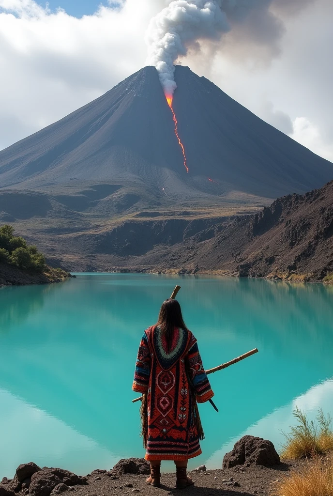 Make a volcano with a lagoon below and a Mapuche
