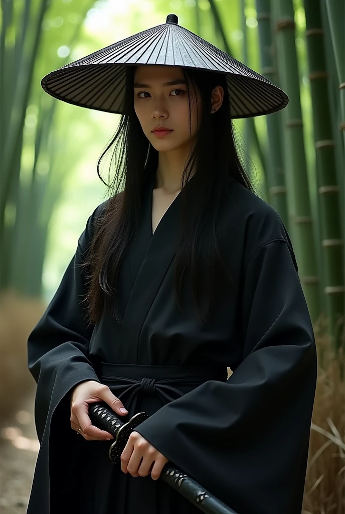 Male samurai character with effeminate face, long hair, Japanese face, delicate look, serious face, black kimono, black sword, classic samurai hat