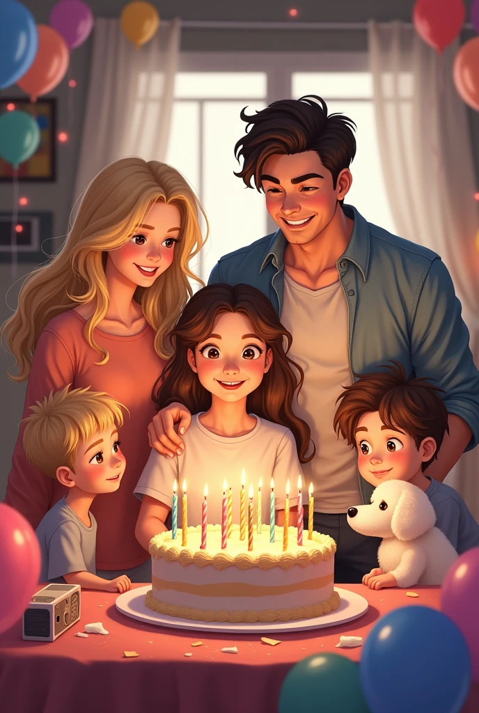 A family of 5 in anime style, a 40 year old mother, blonde, a 50 year old dad, a 15-year-old daughter with wavy brown hair and a 17-year-old son with wavy brown hair with a white Bichon Maltese dog, Dad blowing out the candles on the cake