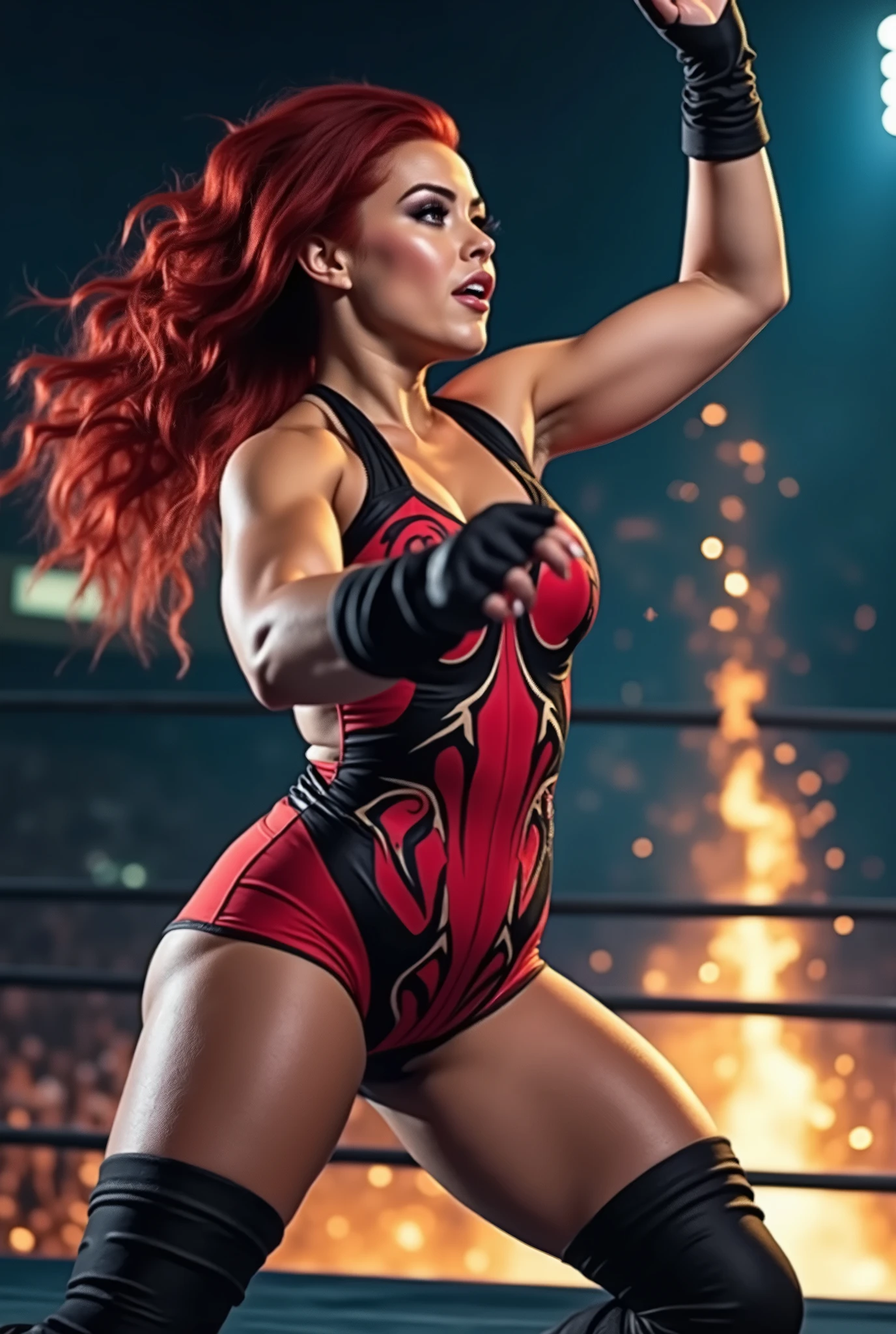 🌟 Standing tall and commanding attention, Scarlett exudes an aura of power and strength that is unmatched in the world of female wrestling. Her fiery red hair cascades down her back in wild waves, mirroring the untamed spirit that lies within her. Each strand seems to dance with every movement she makes, adding a dynamic and fiery element to her already striking appearance. 🔥💫 💪 Scarlett's physique is a testament to her dedication to the sport - sculpted, toned muscles ripple beneath flawless, bronzed skin. Every inch of her body is a weapon, honed through relentless training and unwavering determination. With every step she takes, Scarlett exudes confidence and power, ready to conquer any opponent that dares to stand in her way. 💪🔥 🌪️ Adorned in a fierce and bold wrestling attire that reflects her stormy persona, Scarlett's gear is a sight to behold. The colors of crimson and black swirl together in a whirlwind of intensity, matching the tempestuous energy she brings to the ring. The intricate designs on her outfit seem to crackle with electricity, hinting at the storm that is about to be unleashed upon her opponents. With each match, Scarlett embodies the perfect balance of beauty and ferocity, captivating audiences with her raw power and undeniable presence. ⚡👑