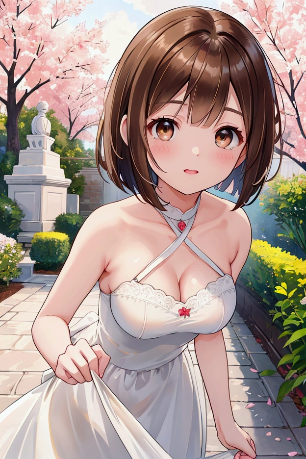 Photorealistic、Highest quality、Highest Resolution、Highest quality、16Ｋ、1 beautiful adult woman、Cute face、Delicate face、Bob cut hair、Ash brown hair color、Brown eyes、Delicate eyes、Beautiful Eyes、Beautiful breasts、Big Breasts、Jersey、garden、running、Exercise、Dynamic Angle、