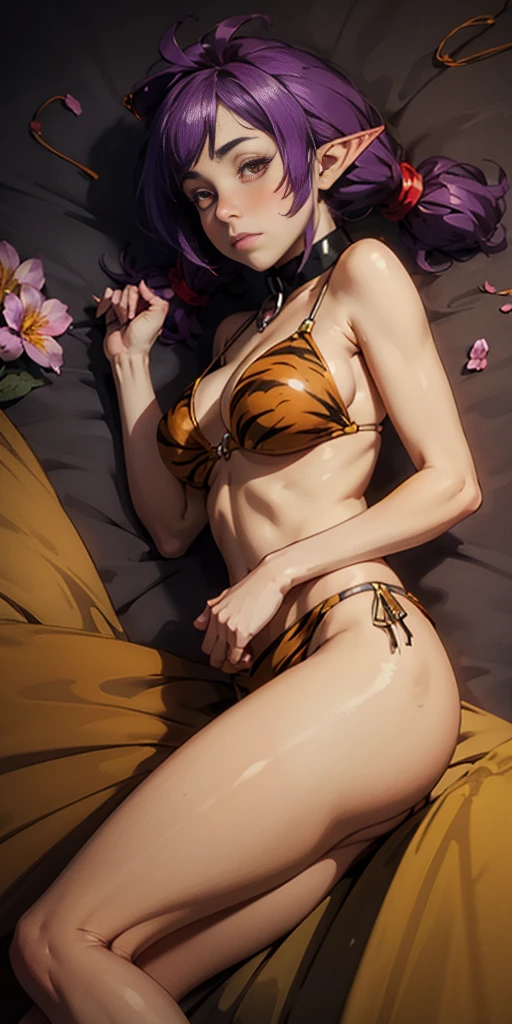 score_9, score_8_up, score_7_up, source_anime, sherry, purple hair, medium hair, 2twintails, red eyes, pointy ears, slave collar, large breasts, yellow tiger print string bikini, bedroom background, lying, blush, closed mouth, looking at viewer, cowboy shot, dutch angle, solo, flowers, plants, on side
