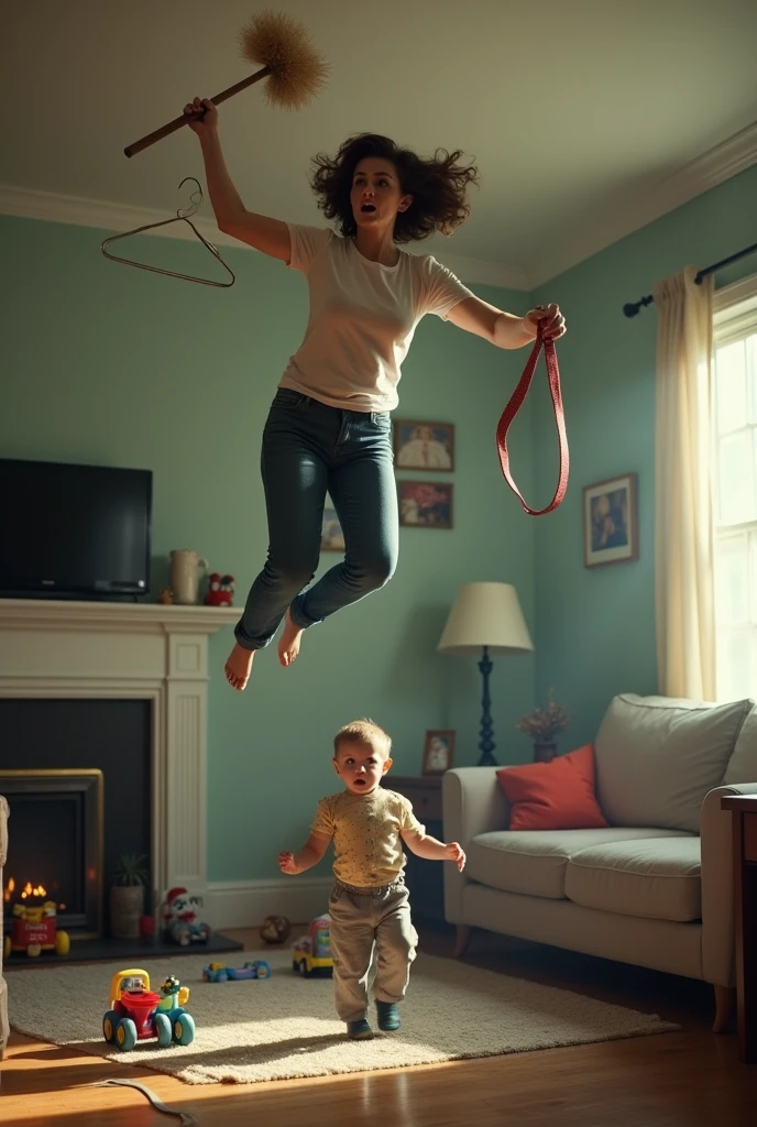 Create me a image of a mother floating in the air
in one hand a coat hanger another a sweeper another a belt and nothing in another pointing at the frightened son and type a bold text at the top that says what do you wish to get
