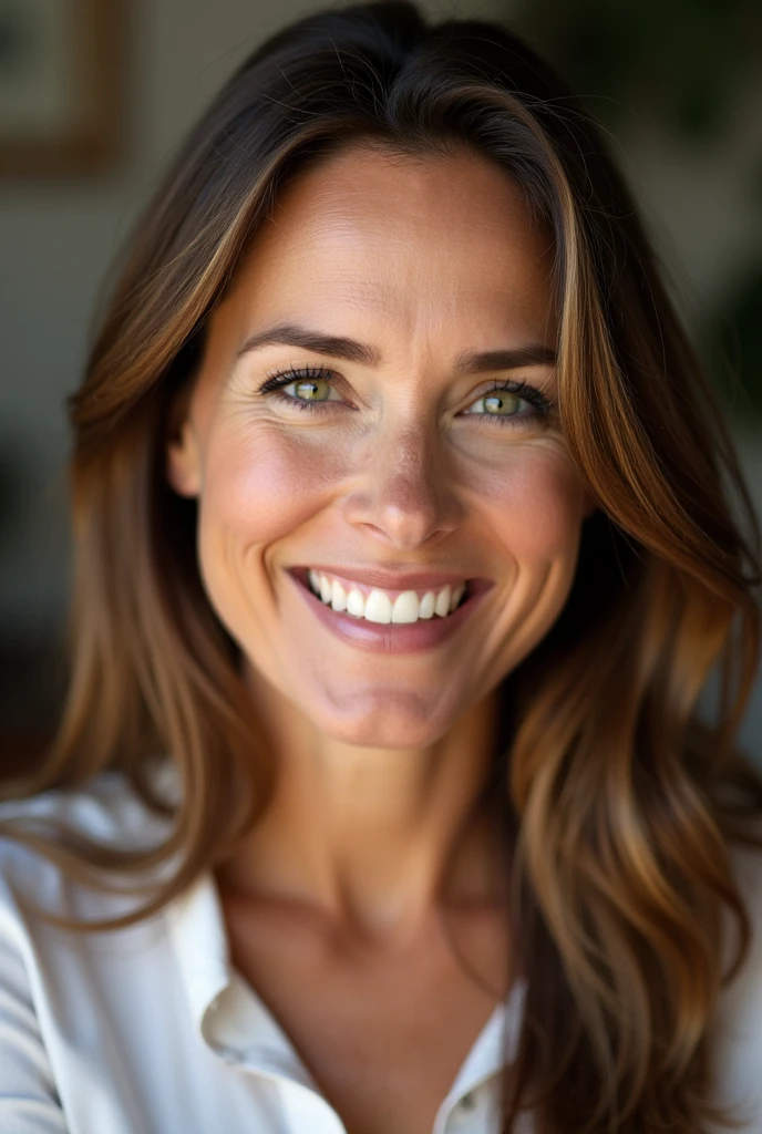 Create a close-up headshot portrait of a woman in her 30s or 40s. Use soft, natural lighting to create a warm atmosphere. The subject should have long, brown hair with subtle highlights, green eyes, and a genuine, wide smile. Capture her looking directly at the camera with a friendly, approachable expression. Blur the background slightly to focus attention on the face. The overall tone should be professional yet warm and inviting