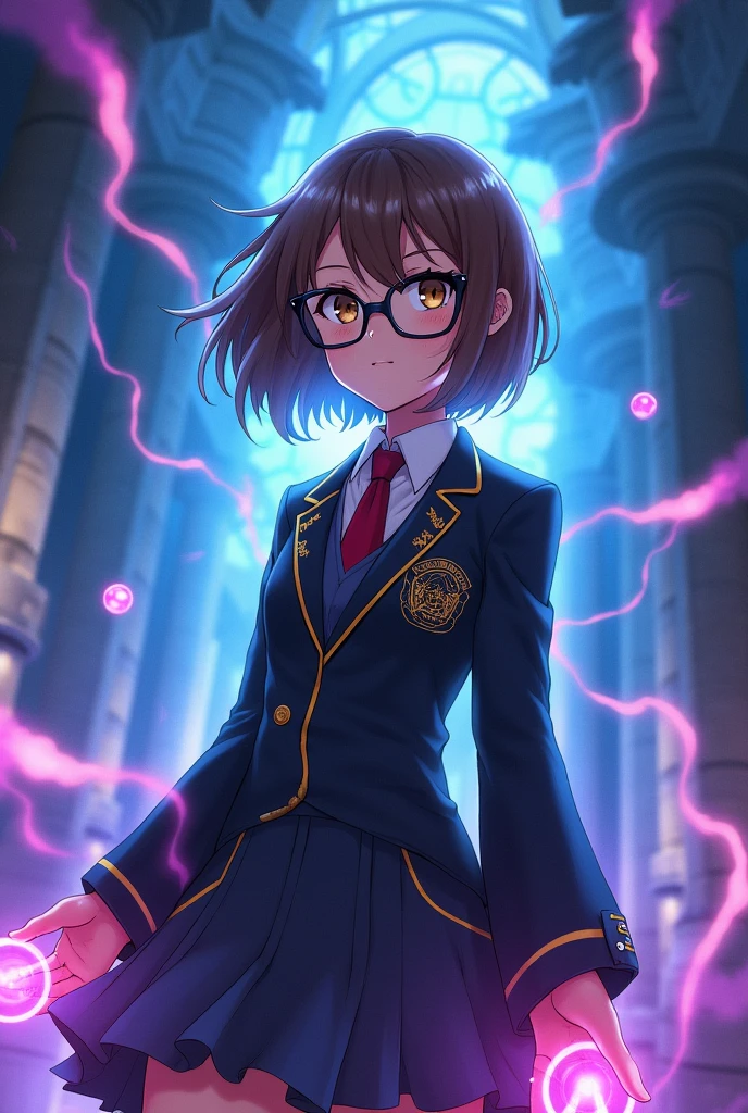 Create an image of a girl with short brown hair, black square glasses, light brown eyes and light skin. , as a jujutsu kaisen character with the wizarding school uniform