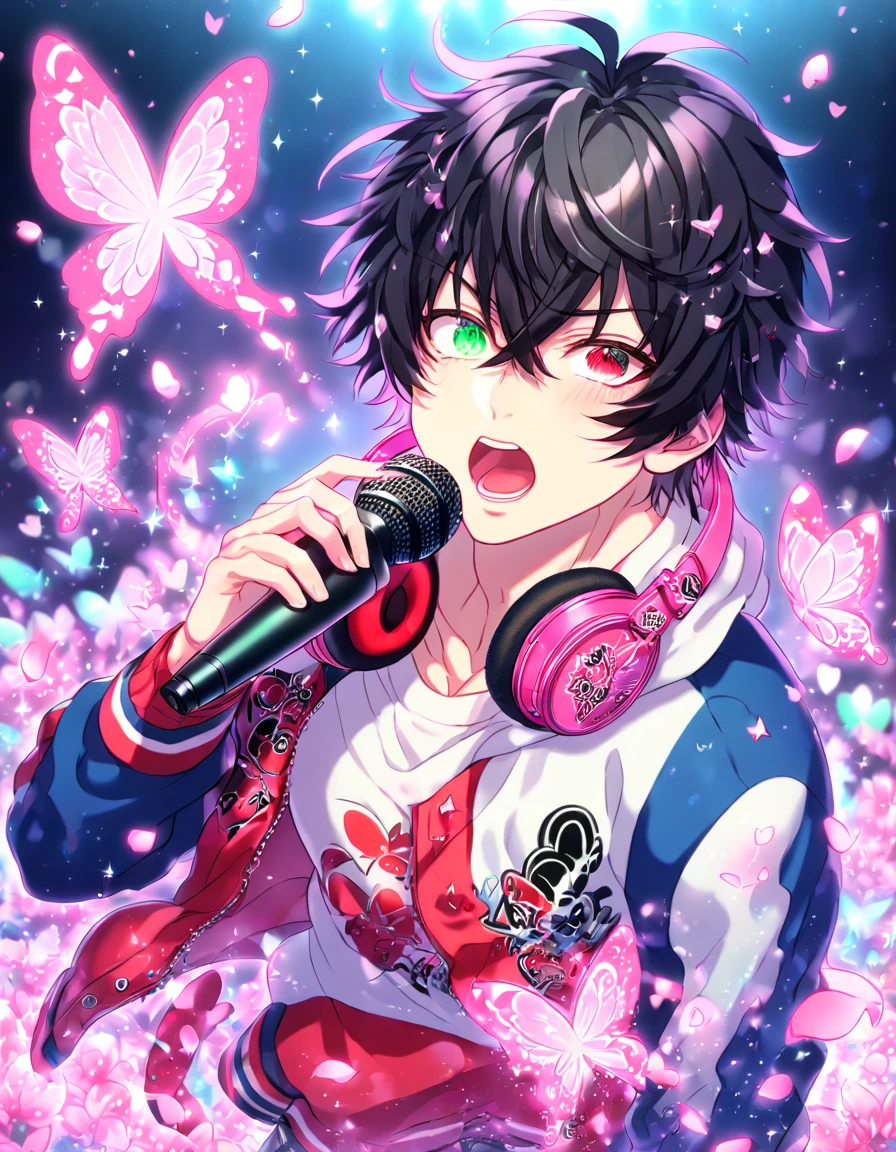 absurdres, highres, ultra detailed, HDR, master piece, Yamada Ichiro, black hair, heterochromia, expressive left red eye, right green eye, red varsity jacket, blue sleeves, white hoodie, a pair of red headphones around his neck, Hypnosis mic, fantasy, glittering pink butterflies, petals, magical, handsome, sexy man holding a microphone, singing, solo, very detailed eyes and face, glittering, pink flowers, sensual, horny, crystal glass magic, pink shining fireflies, pink fire, idol stage, manly man