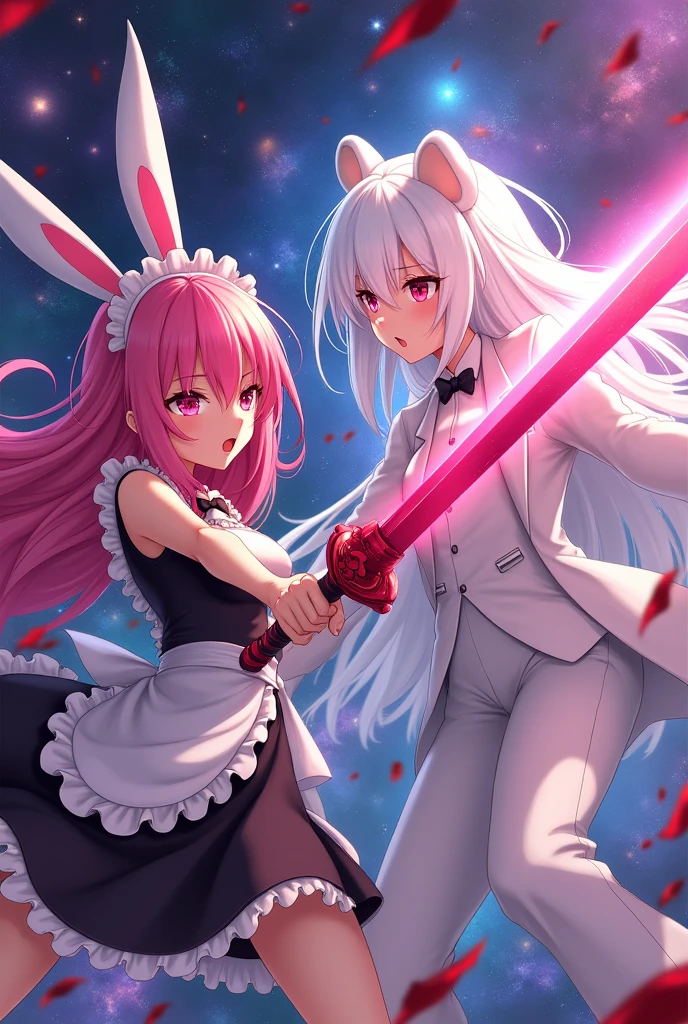 Anime girl, pink hair, pink bunny ears, pink eyes and pink fight with a pink sword and angry, all covered in blood, maid outfit with big busts, fighting with an anime girl with white hair, sky blue eyes, white bear ears, and in a white elegant suit and they fight throughout the galaxy and the image has to be well detailed