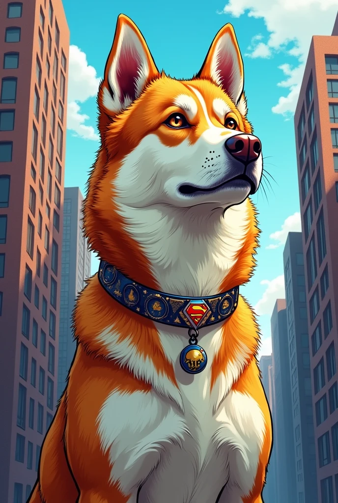 Adult Siberian Husky with fur in caramel color with brown eyes and collar, image made in dc comics art

 