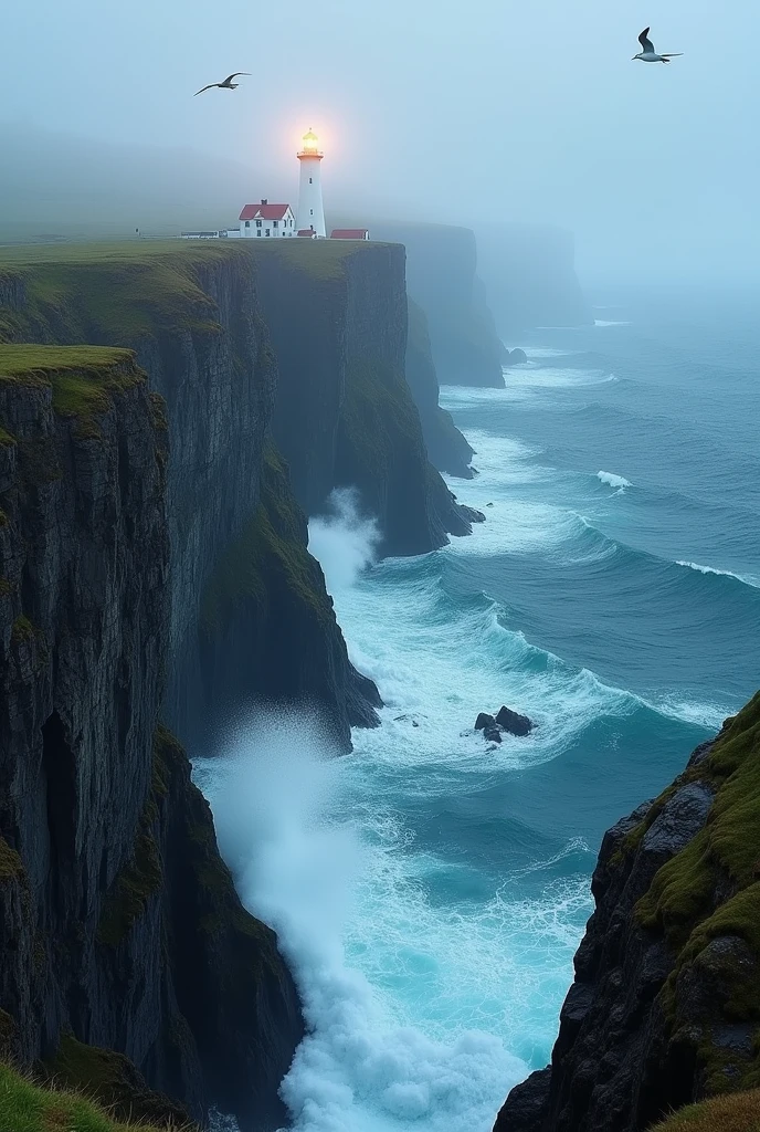 lighthouse in ravine with sea