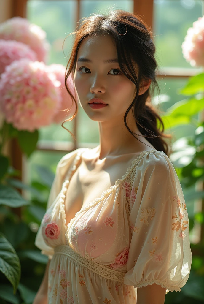 In a lush indoor garden、A Japanese woman is wearing a floral sheer top、A close-up of her breasts and soft flowers in the background、Creating harmony between nature and beauty。