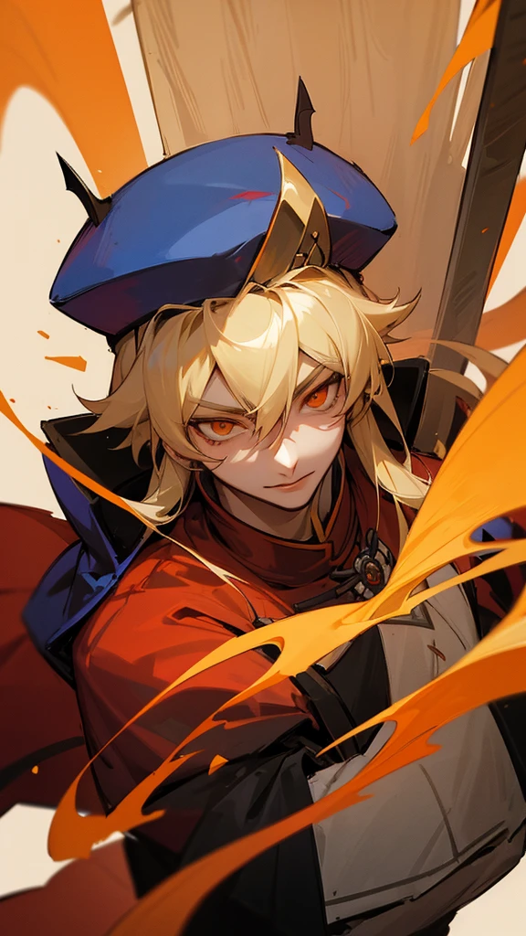 naughty man. vampyre. stark, brawny. Cao Cao. Blonde and orange eyes. Mongolian general's outfit
