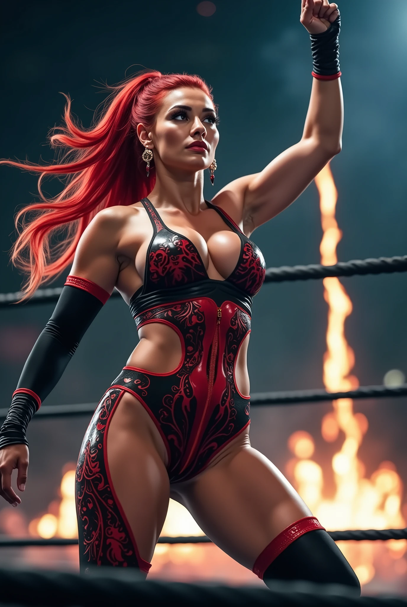 🌟 Standing tall and commanding attention, Scarlett exudes an aura of power and strength that is unmatched in the world of female wrestling. Her fiery red hair cascades down her back in wild waves, mirroring the untamed spirit that lies within her. Each strand seems to dance with every movement she makes, adding a dynamic and fiery element to her already striking appearance. 🔥💫 💪 Scarlett's physique is a testament to her dedication to the sport - sculpted, toned muscles ripple beneath flawless, bronzed skin. Every inch of her body is a weapon, honed through relentless training and unwavering determination. With every step she takes, Scarlett exudes confidence and power, ready to conquer any opponent that dares to stand in her way. 💪🔥 🌪️ Adorned in a fierce and bold wrestling attire that reflects her stormy persona, Scarlett's gear is a sight to behold. The colors of crimson and black swirl together in a whirlwind of intensity, matching the tempestuous energy she brings to the ring. The intricate designs on her outfit seem to crackle with electricity, hinting at the storm that is about to be unleashed upon her opponents. With each match, Scarlett embodies the perfect balance of beauty and ferocity, captivating audiences with her raw power and undeniable presence. ⚡👑