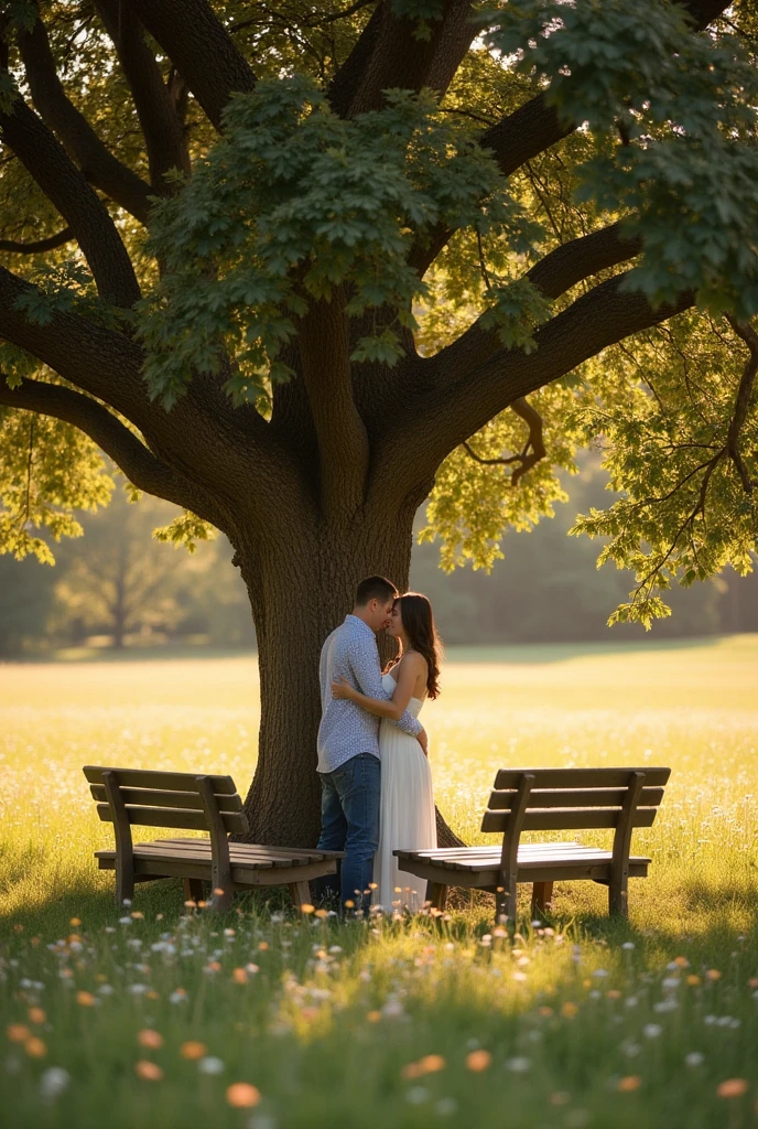 Image of two rustic wooden benches, a man and a woman hugging each other standing under a tree in a field.