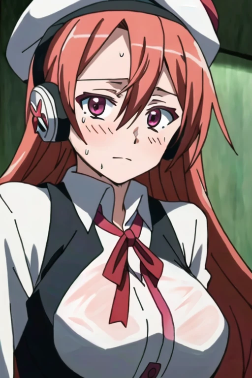 (extremely detailed), (masterpiece), (best quality), (ultra-detailed), (best illustration), (best shadow), (absurdres), (blurry background), Chelsea, 1girl, solo, long hair, headphones, red hair, (aroused facial expression), blush, sweat, red eyes, vest, (white beret), white hat, looking at viewer, pink eyes, anime coloring, big breasts, (simple background), close-up