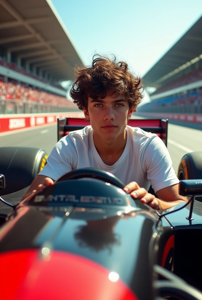 dark-haired teenager with curly hair, with white t-shirt in a f1 racing car to draw