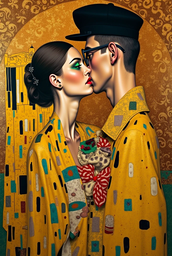 You can do the work The Kiss by Gustav Klimt but give the woman green open eyes and the man glasses and a cap but the original painting 

