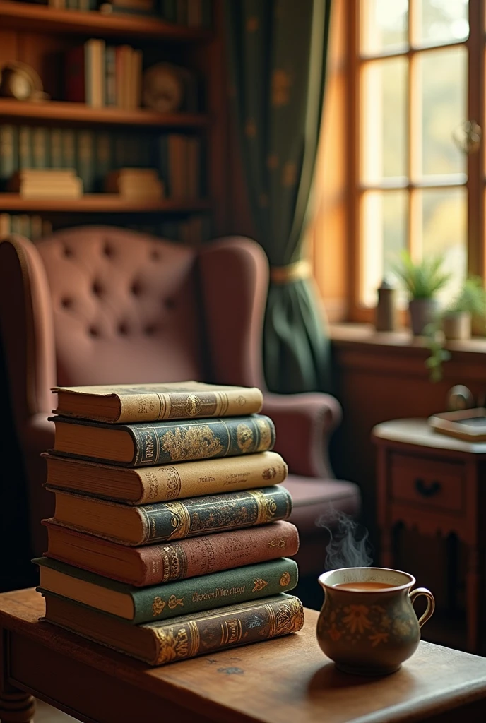Some books stacked, the top book is the "Hobbit" Tolkien