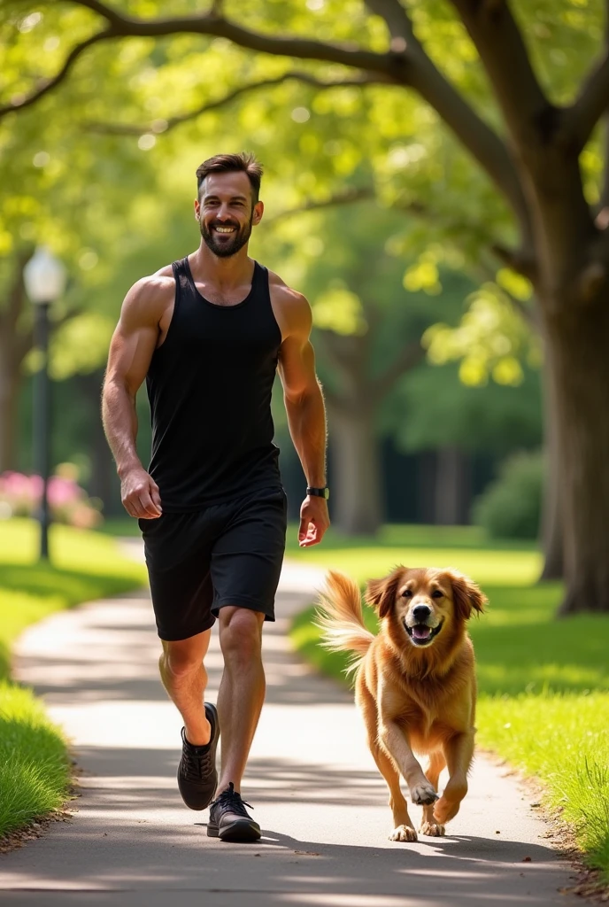 Muscular man in tank top walking dog