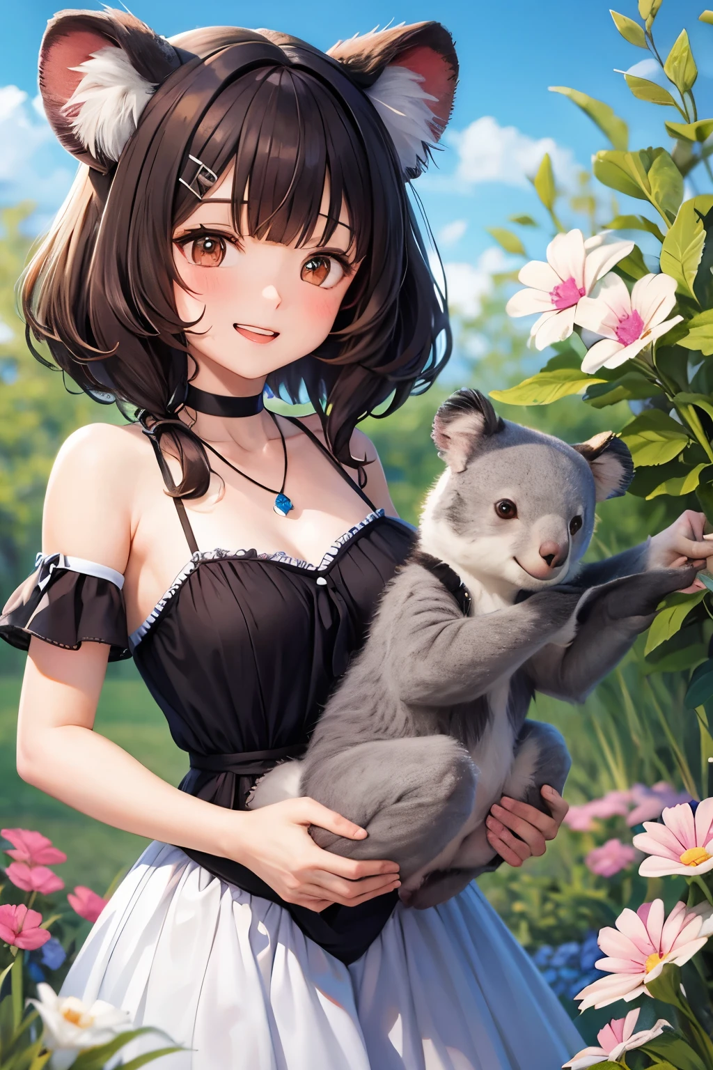 Cute and beautiful anthropomorphic koala girl with brown curly bob hair wearing a heart shaped choker in a beautiful flower field

