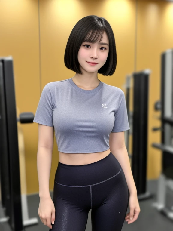 (kawaii 24 year-old Japanese girl, Nogizaka idol, Korean idol), healthy female athlete body, (glossy black hair, short hair, pixie cut, bangs:1.3), (rounded face, pure black eyes, single eyelid, no makeup, soft smile:1.2), (wearing training shirt, grey sports leggings:1.3), extra small breasts, well shaped hip, (slim waist, thigh gap:0.9), BREAK, (sports gym background:1.3), (looking at viewer, dynamic angle, close shot:1.2), BREAK, (masterpiece, best quality, photo realistic, official art:1.4), (UHD, 8K quality wallpaper, high resolution, raw photo, golden ratio:1.3), (shiny skin), professional lighting, physically based rendering, award winning, (highly detailed skin, extremely detailed face and eyes, anatomically correct body), Carl Zeiss 85 mm F/1.4, depth of field, 1girl, solo,